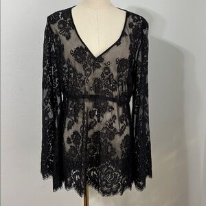 Black‎ Floral Lace Sheer Overlay Whimsigoth Witchcore Tunic Romantic Bell Sleeve